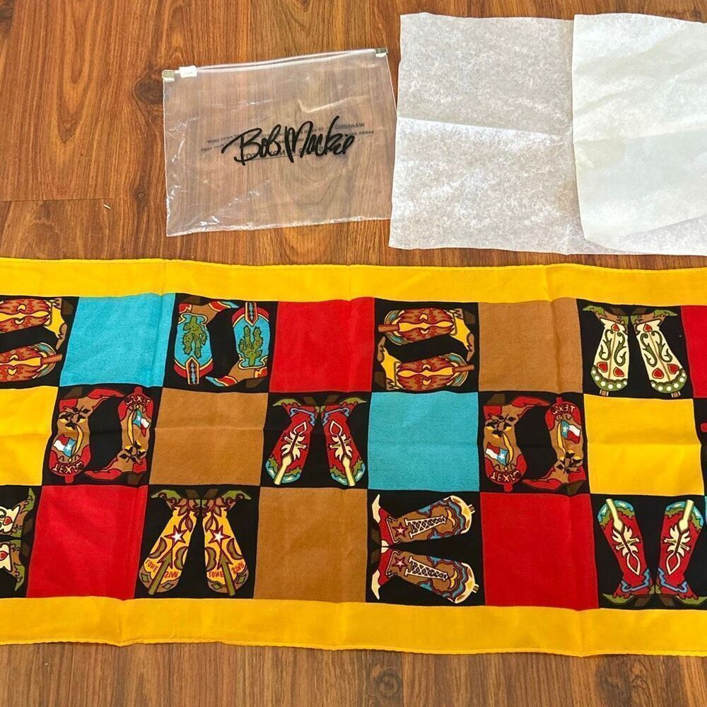 NEW 90's vintage Bob Mackie 100% silk cowboy boots western theme colorful scarf